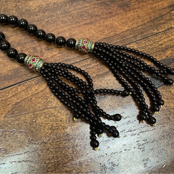 Heidi Daus choker style necklace long black beaded tassels pink & green stones - Picture 4 of 6